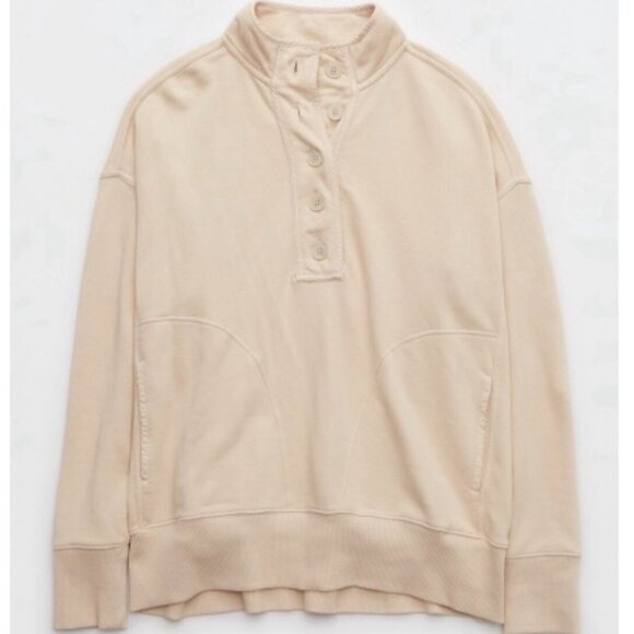 *NWT Aerie The Good Times Henley Sweatshirt Sandalwood Cream Beige M - Picture 2 of 5
